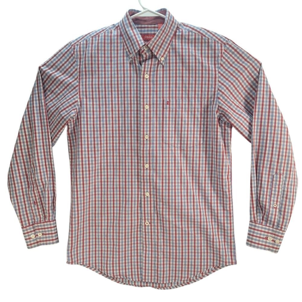 IZOD Mens Button Down Red White Plaid Dress Shirt Size S/P Long Sleeve